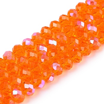 Electroplate Glass Beads Strands, Half Rainbow Plated, Faceted, Rondelle, Orange, 6x5mm, Hole: 1mm, about 84~85pcs/strand, 41.5~42cm