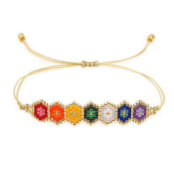 Bohemian Hexagon Eye Braided Bracelets, Adjustable Seed Beads Loom Link Bracelets