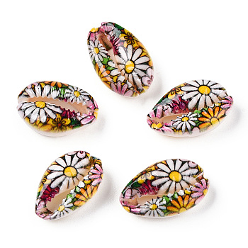 Printed Cowrie Shell Beads, No Hole/Undrilled, Flower Pattern, Colorful, 18.5~22x13~14.5x6~7.5mm