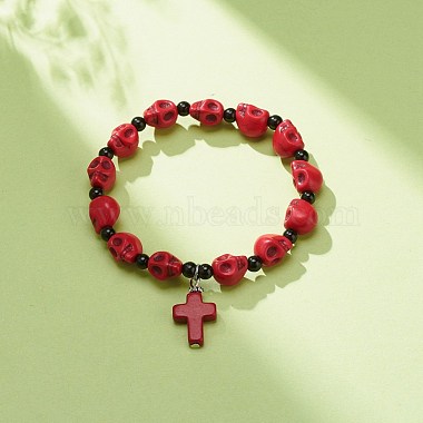 Natural Mashan Jade Skull Beaded Stretch Bracelet with Synthetic Turquoise(Dyed) Cross Charm(BJEW-JB08378)-4