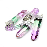 Natural Quartz Crystal Pointed Pendants, with Iron Findings, Plated Platinum, Nuggets, Dyed, Hot Pink, 30~45x9~14x6~10mm, Hole: 6x3.5mm(G-S265-05B)