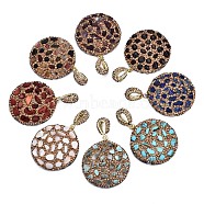 Polymer Clay Rhinestone Pendants, with Gemstone Chip/Natural Shell Chip and PU Leather, Flat Round, Golden, PP12(1.8~1.9mm), 39~41x37x7~8mm,  Hole: 9x5mm(RB-S056-14A-G)