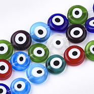 Handmade Evil Eye Lampwork Beads Strands, Flat Round, Mixed Color, 11~13x4~5mm, Hole: 1.2mm, about 31~33pcs/strand, 14.1 inch~15.3 inch(LAMP-S191-02D-13)