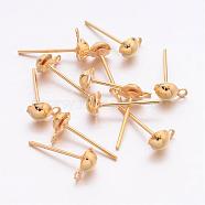 Earring Stud Ear Nail Iron Half Ball Post Earring Findings, with Loop, Golden, 13mm long, hole: 1mm, half ball: 4.3mm in diameter(X-E219-G)