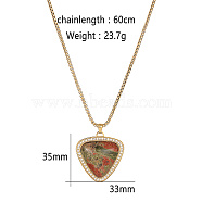 Golden Tone Stainless Steel Pave Natural Unakite Heart Pendant Necklaces, Clear Cubic Zirconia Jewelry for Daily Wear, 23.62 inch(60cm)(LT1707-1)