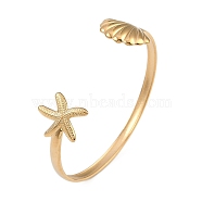 304 Stainless Steel Cuff Bangles for Women, Starfish & Shell Shape, Real 18K Gold Plated, Inner Diameter: 2-1/2 inch(6.2cm)(BJEW-A024-01G)