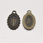 Oval Tibetan Style Alloy Charms, Virgin Mary with Cross & Heart, Cadmium Free & Nickel Free & Lead Free, Antique Bronze, 15x9x1mm, Hole: 1.5mm(TIBEP-D090-AB-NR)