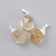 Natural Citrine Pendants, with Brass Bails, Faceted, Teardrop, Silver Color Plated, 19~21x12~14x11~15mm, Hole: 5x3mm(G-G845-07S-10)