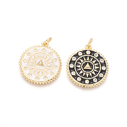 Golden Plated Brass Micro Pave Clear Cubic Zirconia Pendants, with Enamel and Jump Rings, Flat Round with Sun, Mixed Color, 22.5x20x2.5mm, Hole: 3.5mm(ZIRC-L085-31-G)