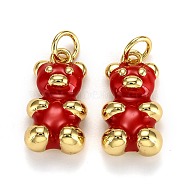 Real 18K Gold Plated Brass Pendants, with Enamel and Jump Rings, Long-Lasting Plated, Bear, Red, 17.5x9x5mm, Jump Ring: 5x1mm, 3mm Inner Diameter(KK-L206-001I-G)