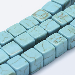 Synthetic Turquoise Beads Strands, Dyed, Cube, Turquoise, 6x6.5x6.5mm, Hole: 1mm, about 61pcs/strand, 14.7 inch(37.5cm)(X-TURQ-F009-02-6x6mm)