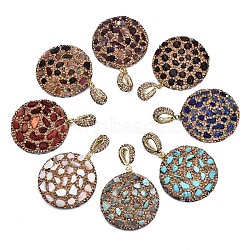 Polymer Clay Rhinestone Pendants, with Gemstone Chip/Natural Shell Chip and PU Leather, Flat Round, Golden, PP12(1.8~1.9mm), 39~41x37x7~8mm,  Hole: 9x5mm(RB-S056-14A-G)