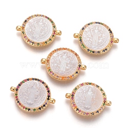 Brass Micro Pave Cubic Zirconia Links connectors, with Shell and Jump Ring, Flat Round with Saint Benedict, Colorful, Golden, 15x20x3mm, Hole: 1.2mm(KK-I656-48G-02)