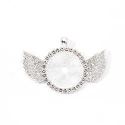 Alloy Pendant Cabochon Settings, with Crystal Rhinestone, Cadmium Free & Lead Free, Flat Round with Wing, Silver, Tray: 30mm, 46x68x4mm, Hole: 5.5x3.5mm(PALLOY-S107-003A-S-RS)