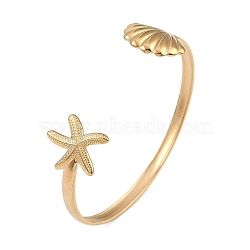 304 Stainless Steel Cuff Bangles for Women, Starfish & Shell Shape, Real 18K Gold Plated, Inner Diameter: 2-1/2 inch(6.2cm)(BJEW-A024-01G)