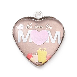 Mother's Day Alloy Pendants, with Glass, Platinum, Heart Charm with Word Mom, Colorful, 23x20.5x4mm, Hole: 2mm(FIND-A014-01D)