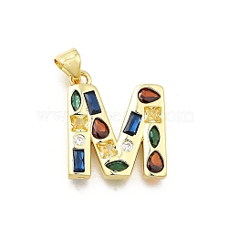 Brass Micro Pave Clear Cubic Zirconia Pendants, with Jump Ring, Lead Free and Cadmium Free, Long-Lasting Plated, Rack Plating, Letter Charms, Real 18K Gold Plated, Letter M, 19~21x9.5~20x2.7mm, jump ring: 5x1mm, 3mm inner diameter.(KK-G521-01G-M-01)