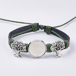 Genuine Cowhide Bracelet Making, with Alloy Cabochon Settings, Cadmium Free & Lead Free, Tree, Antique Silver, Olive, Tray: 18mm; 2 inches~2-1/8 inches(49~55mm); 8mm(MAK-I007-09AS-A)