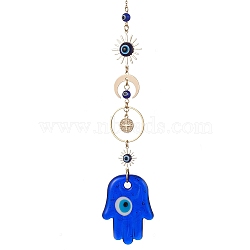 Blue Evil Eye Lampwork Pendant Decorations, with Brass Star/Moon Link, Hanging Ornaments, Hamsa Hand, 228mm(HJEW-JM01603-01)