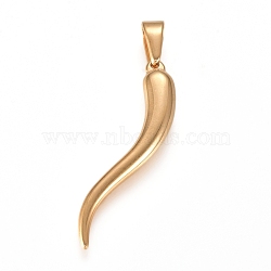 304 Stainless Steel Pendants, Italian Horn, Ion Plating(IP), Real 18K Gold Plated, 43x9x5.5mm, Hole: 9x4mm(STAS-L210-04C-G)