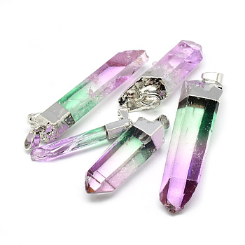 Natural Quartz Crystal Pointed Pendants, with Iron Findings, Plated Platinum, Nuggets, Dyed, Hot Pink, 30~45x9~14x6~10mm, Hole: 6x3.5mm