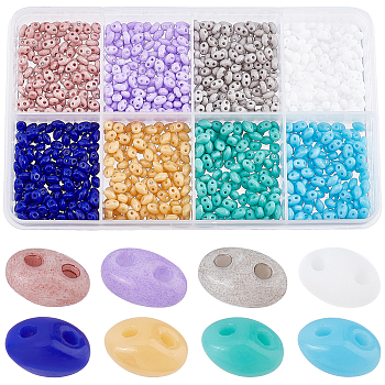 800Pcs 8 Colors 2-Hole Seed Beads, Czech Glass Beads, Mixed Color, 5x3.5x2.5~3mm, Hole: 0.5mm, 100Pcs/color