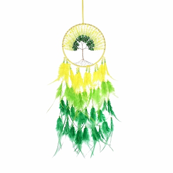 Copper Wire Wrapped Glass Tree of Life with Feather Hanging Ornaments, Iron Ring for Home Living Room Bedroom Wall Decorations, Yellow, 680mm