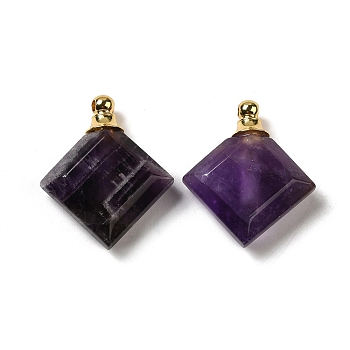 Natural Amethyst Perfume Bottle Pendants, Faceted Rhombus Charms with Golden Tone 304 Stainless Steel Findings, 31x27~27.5x8.5~10mm, Hole: 2mm