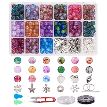 Baking Painted Glass Bead Sets, with Alloy Pendants, Alloy & Brass Beads, Iron Pins and Jump Rings, Iron Sewing Needle Devices Threader, Elastic Thread and Stainless Steel Scissors, Mixed Color, 16.5x10.8x3cm