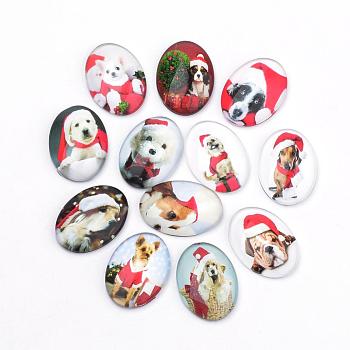 Christmas Theme Puppy Photo Flatback Glass Cabochons, for DIY Projects, Dog with Christmas Hat Pattern, Oval, Mixed Color, 25x18x5.5mm