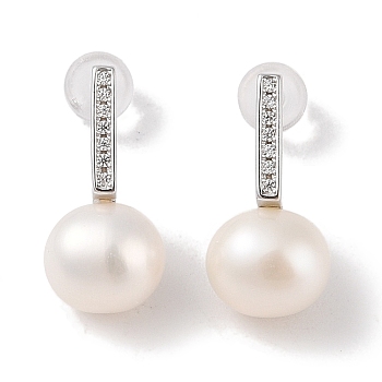 Sterling Silver Stud Earrings, with Natural Pearl and Cubic Zirconia, Jewely for Women, Round, 18x9mm