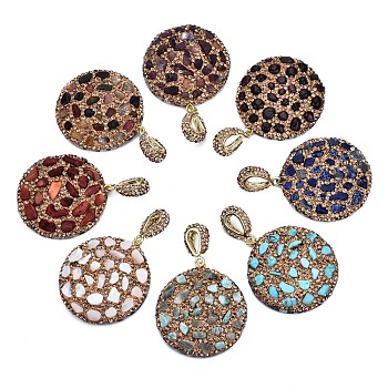 Polymer Clay Rhinestone Pendants, with Gemstone Chip/Natural Shell Chip and PU Leather, Flat Round, Golden, PP12(1.8~1.9mm), 39~41x37x7~8mm,  Hole: 9x5mm