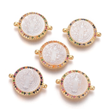 Brass Micro Pave Cubic Zirconia Links connectors, with Shell and Jump Ring, Flat Round with Saint Benedict, Colorful, Golden, 15x20x3mm, Hole: 1.2mm