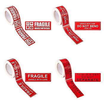 4Roll 4 Style Self-Adhesive Paper Warning Tag Stickers, Rectangle with Word FRAGILE HANDLE WITH CARE Stickers Labels, for Shipping and Packing, Red, 7.5x2.5x0.009cm, 150pcs/roll, 1style/roll