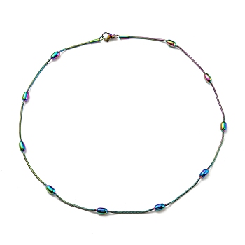 Ion Plating(IP) 304 Stainless Steel Round Snake Chain Necklace with Oval Beaded, Rainbow Color, 16.46 inch(41.8cm)