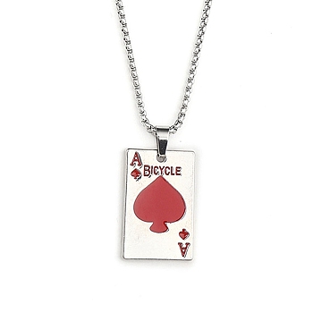 201 Stainless Steel Chain, Zinc Alloy Pendant and Enamel Necklaces, Playing Card, Red, 23.43 inch(59.5cm)