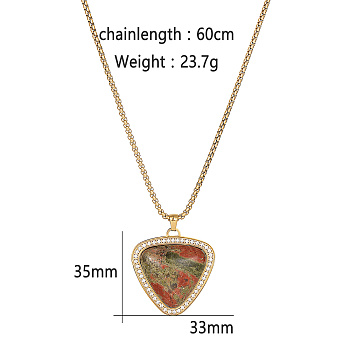 Golden Tone Stainless Steel Pave Natural Unakite Heart Pendant Necklaces, Clear Cubic Zirconia Jewelry for Daily Wear, 23.62 inch(60cm)