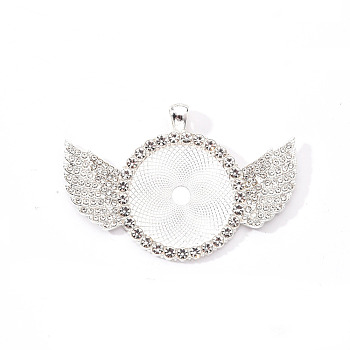 Alloy Pendant Cabochon Settings, with Crystal Rhinestone, Cadmium Free & Lead Free, Flat Round with Wing, Silver, Tray: 30mm, 46x68x4mm, Hole: 5.5x3.5mm
