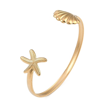 304 Stainless Steel Cuff Bangles for Women, Starfish & Shell Shape, Real 18K Gold Plated, Inner Diameter: 2-1/2 inch(6.2cm)