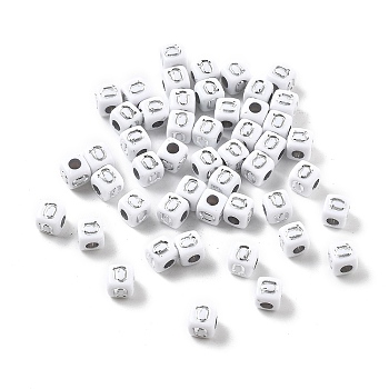 Opaque Acrylic Beads, Square with Letter, Silver Metal Enlaced, Letter Q, 5x5x5mm, Hole: 2mm, about 5000ocs