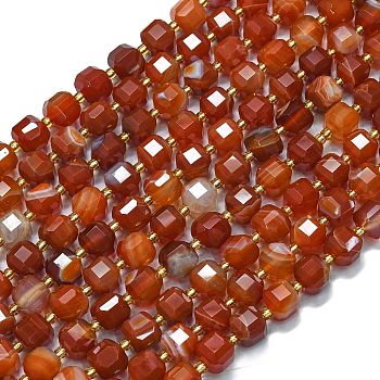 Natural Banded Agate(Dyed & Heated) Beads Strands, with Seed Beads, Faceted Table Cut Cube, Red, 8x8x8mm, Hole: 0.6mm, about 38pcs/strand, 15.35''(39cm)