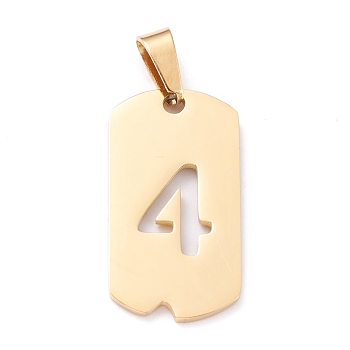 Vacuum Plating 304 Stainless Steel Pendants, Rectangle with Number, Golden, Num.4, 27.5x14.5x1.5mm, Hole: 7.5x3mm