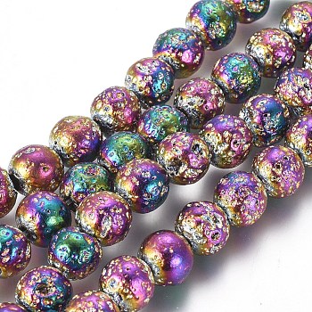 Electroplated Natural Lava Rock Beads Strands, Round, Multi-color Plated, 8mm, Hole: 1mm, about 48pcs/Strand, 15.75 inch(40cm)