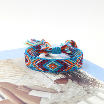 Polyester Braided Rhombus Pattern Cord Bracelet, Ethnic Tribal Adjustable Brazilian Bracelet for Women, Light Sky Blue, 5-7/8 inch(15cm)