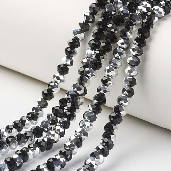 Electroplate Transparent Glass Beads Strands, Half Silver Plated, Faceted, Rondelle, Black, 3x2mm, Hole: 0.8mm, about 150~155pcs/strand, 15~16 inch(38~40cm)