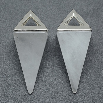 Natural Quartz Crystal Pendants, Rock Crystal Pendants, with Alloy Findings, Triangle, Platinum, 34x14x14.5mm, Hole: 4x6mm