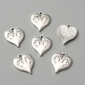 Tibetan Style Alloy Pendants, Heart with Footprints Charms, Antique Silver, 20.5x17x2mm, Hole: 1.5mm