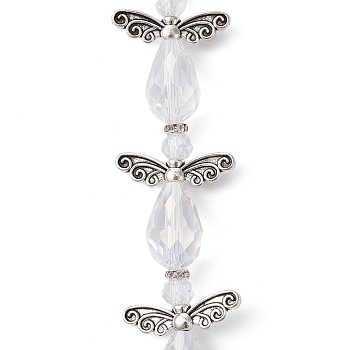 Angel Fairy Shape Electroplate Transparent Glass Beads Strands, with Tibetan Style Alloy Wing Beads and Nylon Wire, Clear, 28x21.5x10mm, Hole: 0.8mm, about 4pcs/strand, 4.13 inch(10.5cm)
