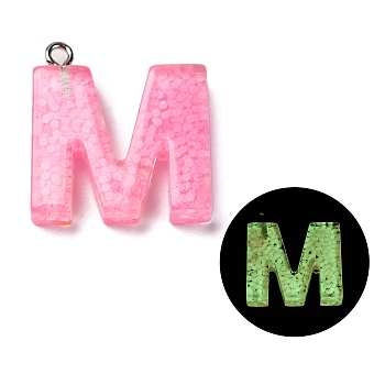 Luminous Resin Pendants, Glow in the Dark, with Platinum Plated Loop, Letter, Letter M, 23.5x22x5mm, Hole: 1.8mm