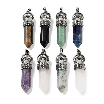 Natural Mixed Gemstone Pointed Big Pendants, Faceted Bullet Charms with Rack Plating Antique Silver Plated Alloy Horn, 61~62x17.5x16mm, Hole: 7x6.5mm